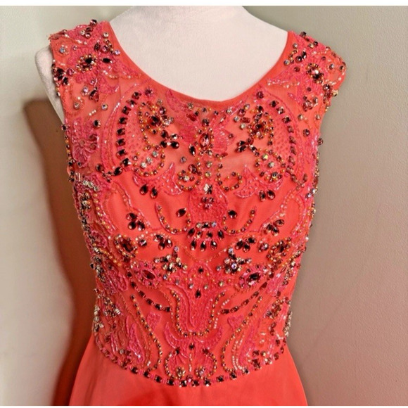 Sherri Hill Coral Beaded Chiffon Evening Prom Gown Size 16 – Sleeveless A-Line - Picture 5 of 9